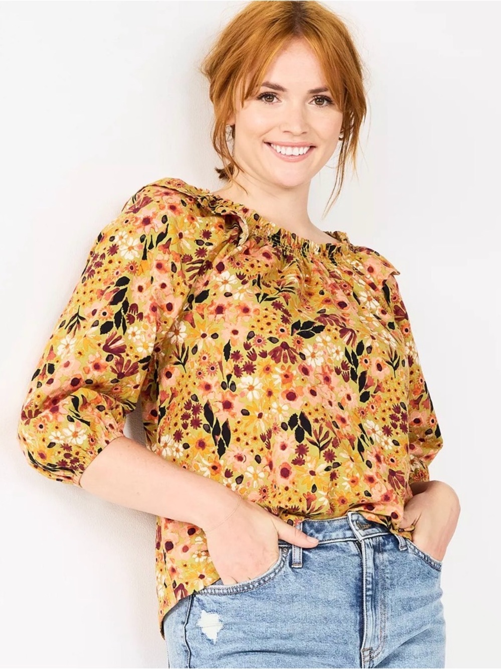 Mustard Floral Peasant Blouse - Women